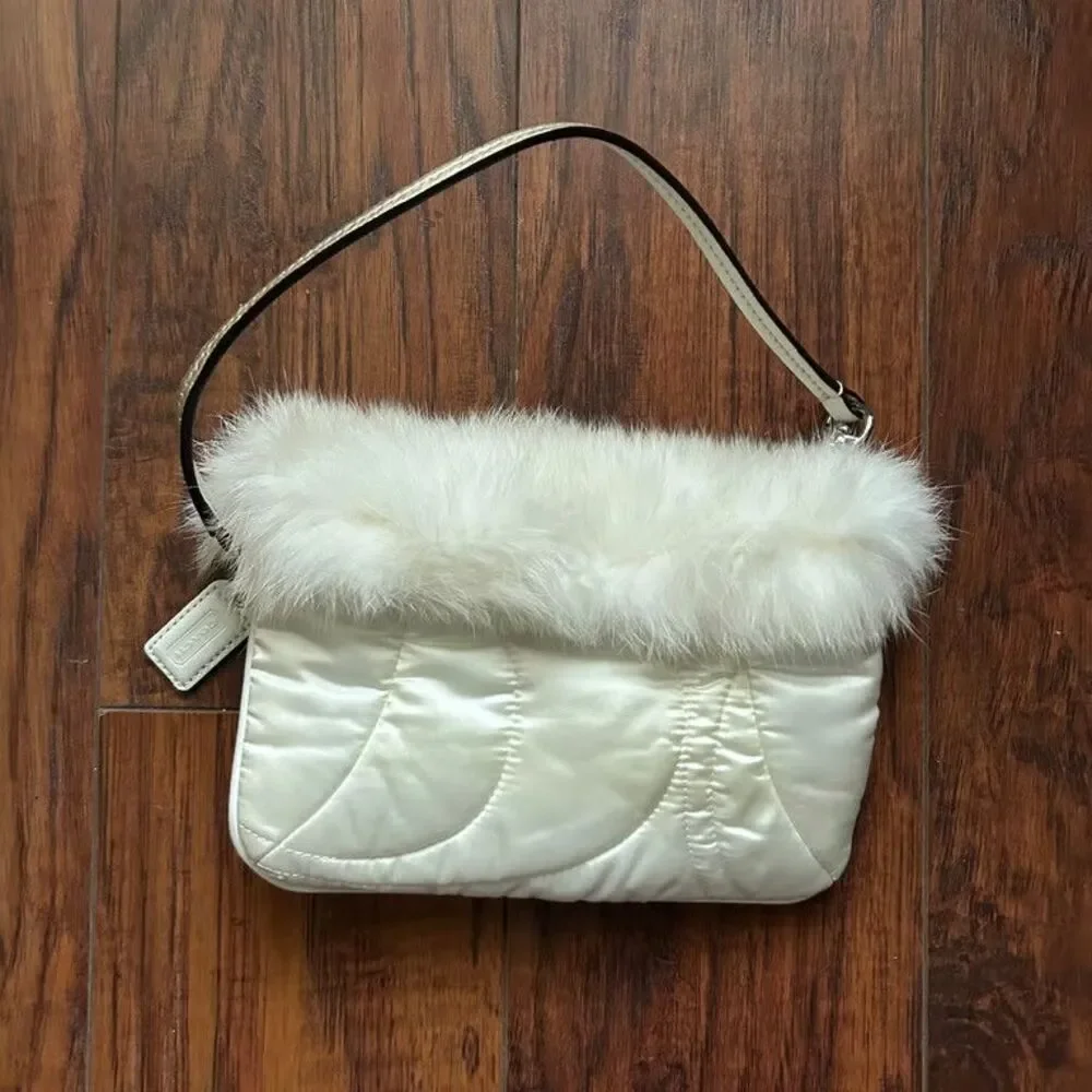 Coach Rabbit Fur Trim Pochette Baguette White Quilted Satin Y2K Mini Handbag